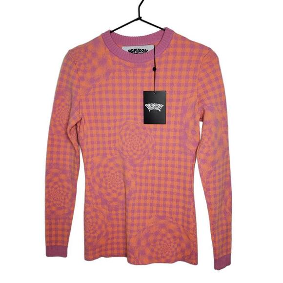 Brandon Maxwell Women's XS The Crewneck Gingham Merino Wool Pink/Mango (1627) - Picture 1 of 6